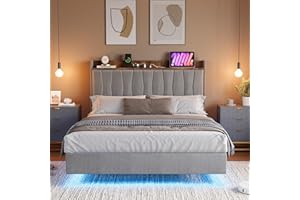 Garvee King Size Floating Bed Frame with Upholstered Storage Headboard, King Platform Bed Frame with Charging Station & LED L