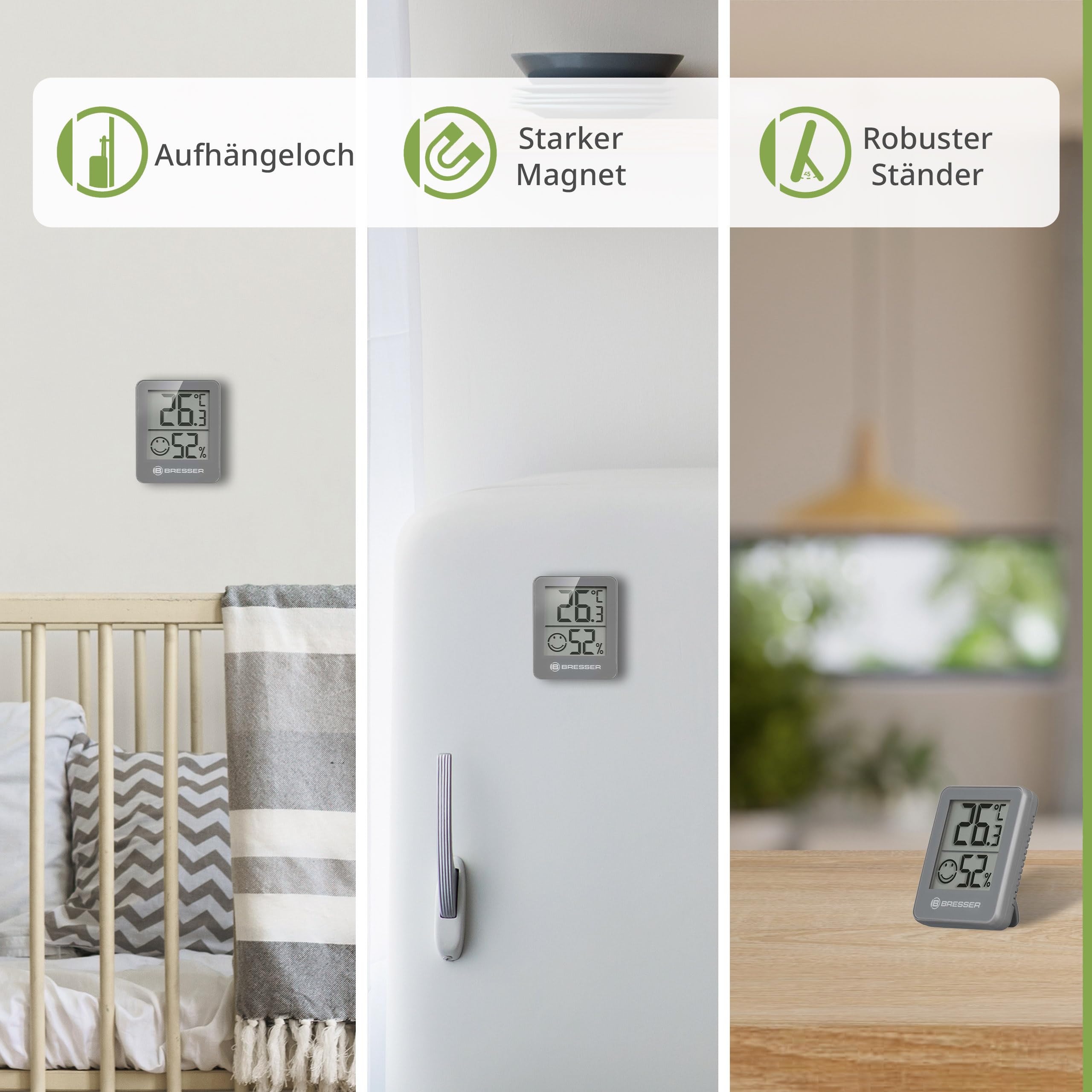 Bresser 6er Set Thermometer Hygrometer - Digitales Raumthermometer für Kontrolle Innenraum Luftfeuchtigkeit, Kühlschrankgeeignet, Wandmontage und Magnet, Schimmelvorbeugung - Indikator Smiley, Grau 3