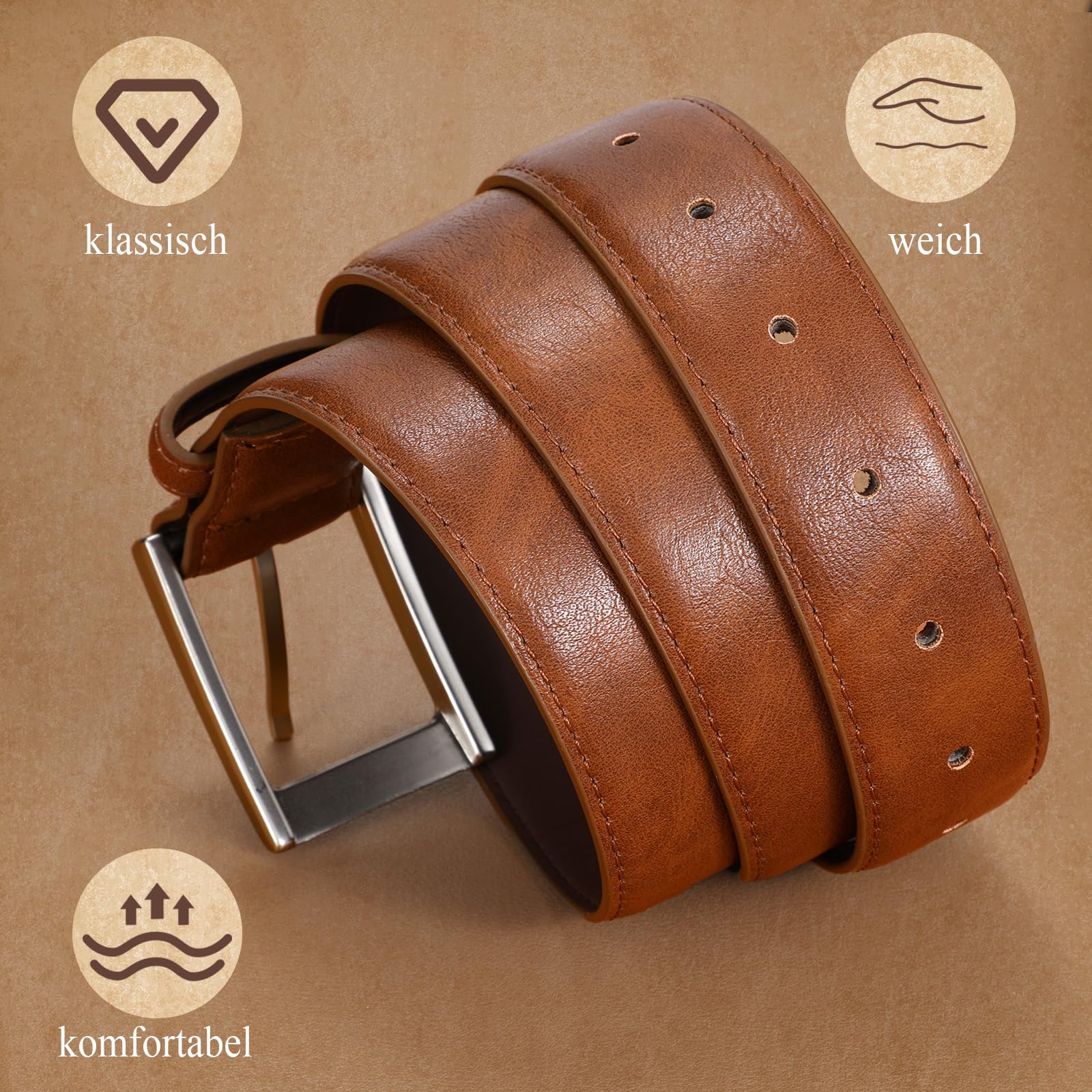WHIPPY Herren Gürtel, Herren Ledergürtel klassischer Jeansgürtel für Männer 38mm breit,braun 110cm 3