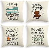 AVOIN colorlife Camper Trailer Campfire Throw Pillow Covers, 18 x 18 Inch Gimme S'More Tree Pillows Cushion Case for Sofa Couch Set of 4