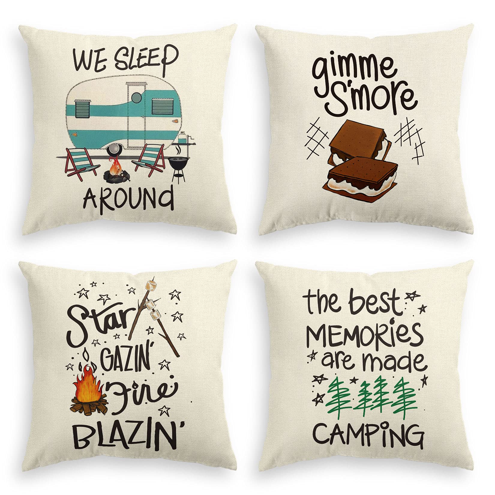 Photo 1 of AVOIN colorlife Camper Trailer Campfire Throw Pillow Covers, 18 x 18 Inch Gimme S'More Tree Pillows Cushion Case for Sofa Couch Set of 4