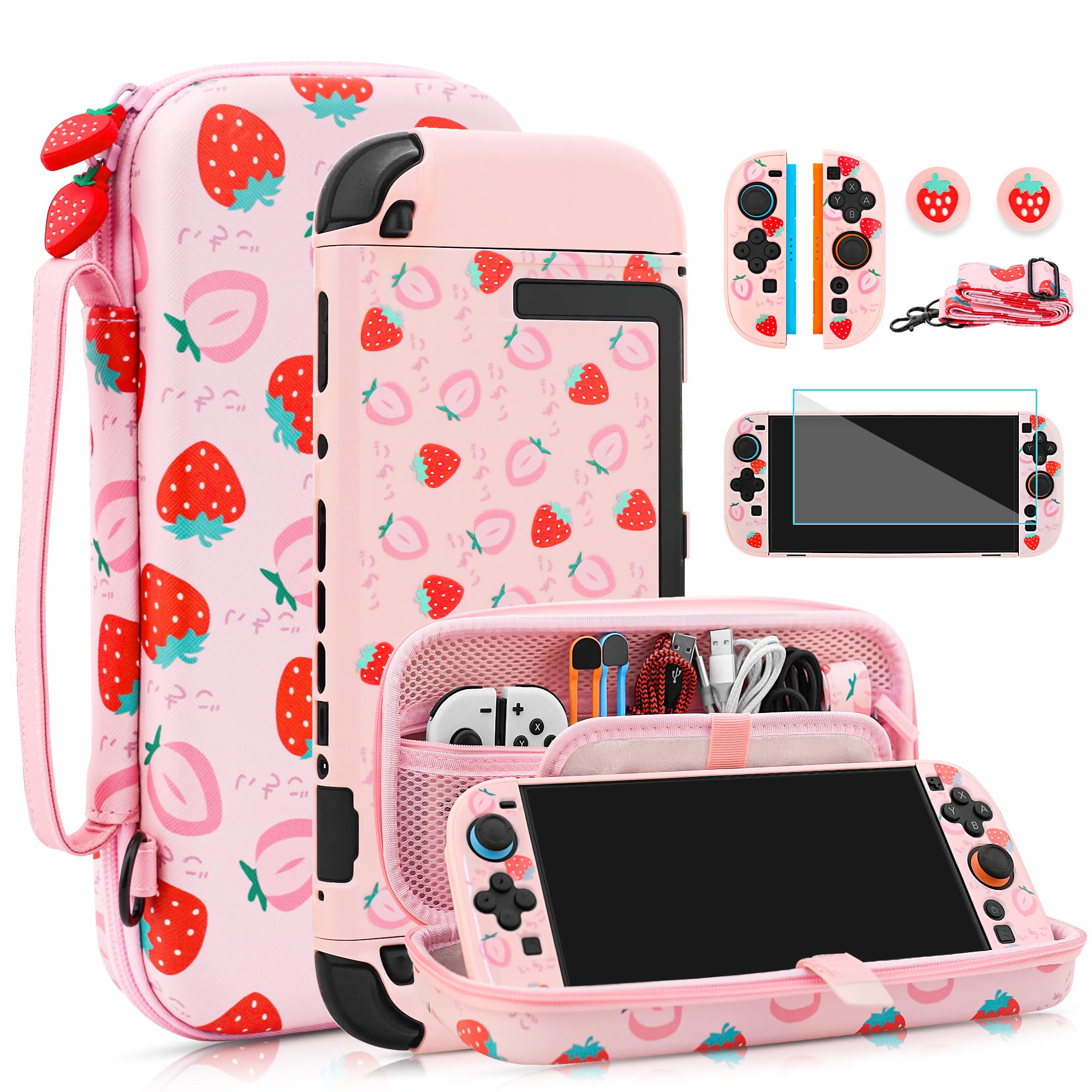 FANPL Cute Carrying Case for Nintendo Switch 2, Protective Cover Accessories Bundle with Travel Skin, Hard Shell, Adjustable Shoulder Strap, Thumb Grips, Screen Protector (Pink Strawberry)