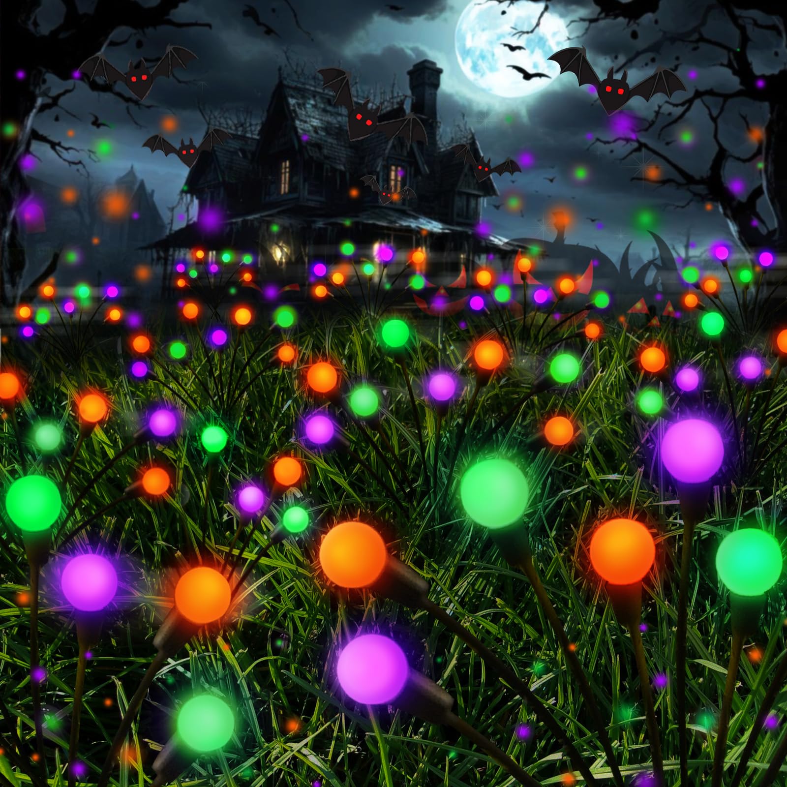 Photo 1 of (used) 6 Pack Halloween Decorations Outdoor Solar Pathway Lights, Solar Firefly Lights Orange Purple and Green
