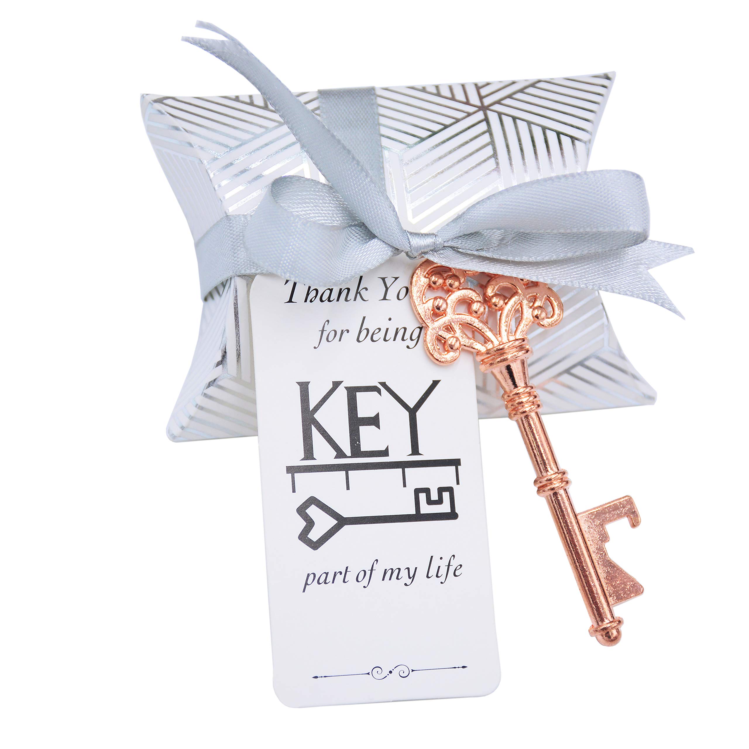 Makhry 50pcs Wedding Favours for Guests Key Bottle Openers Gift Set with Candy Box Gift Tag Silky Ribbon (Rose Gold)