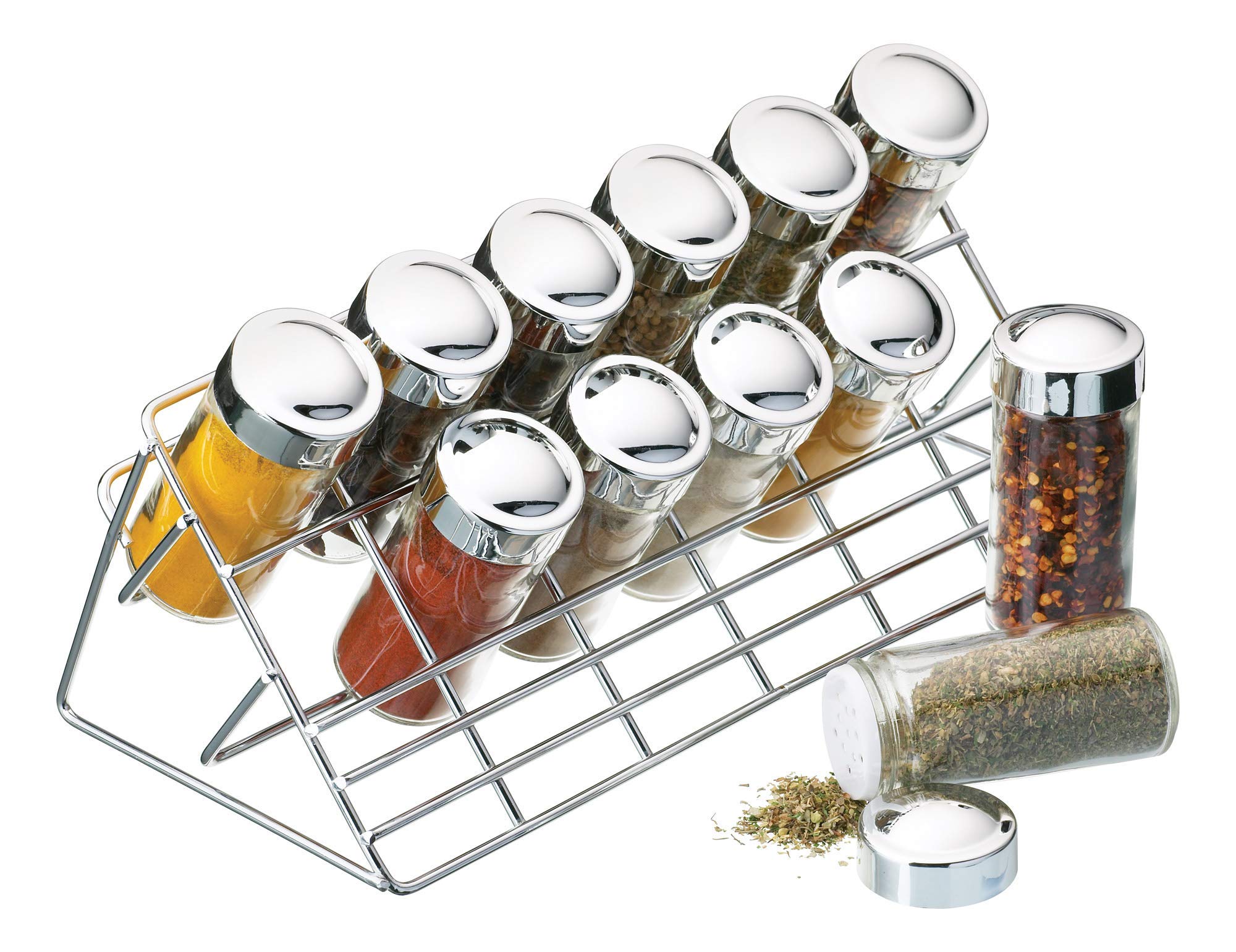 KitchenCraft Home Made Herb and Spice Rack Organiser Set with Spice and Herb Pots, Chrome / Glass, 13 Pieces