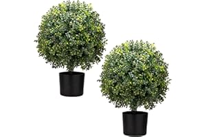 ECOLVANT Two 20''T Artificial Boxwood Topiary Ball Tree UV Resistant Potted Plants Artificial Flower Buds Tree for Indoor Outdoor Home Garden (2, Brown Flowers)