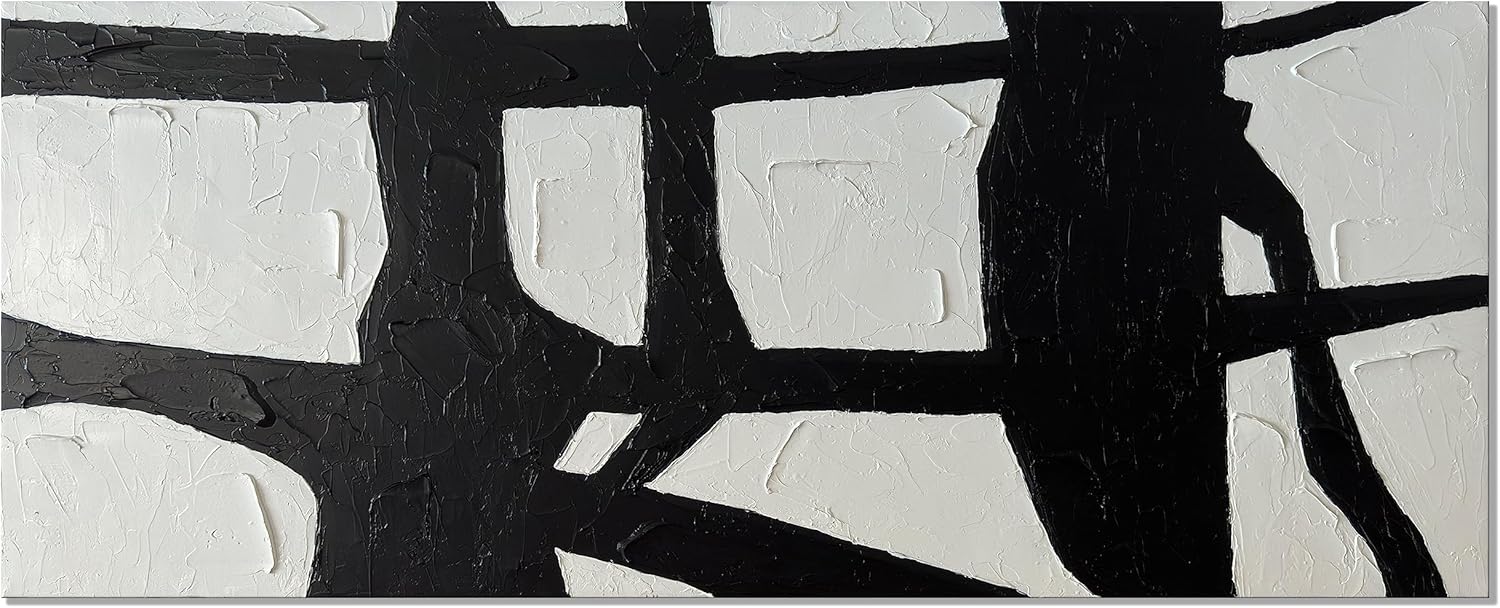 Paintings - Hand-Painted Black and White Wall Art Abstract Modern Oil Painting on Canvas 60x24 inches Large Wall Art Minimalism Framed Texture Artwork Black Canvas Art Living Room Bedroom Office Wall Decor