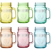 Amzcku Vintage Colored Drinking Glass Mason Jar 16 OZ with Comfortable Handle for Party Beverages 6 pcs