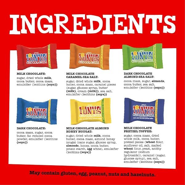 TONY’S CHOCOLONELY ASSORTED CHOCOLATE CANDY PIECES, BELGIAN MILK & DARK CHOCOLATE, CARAMEL SEA SALT, ALMOND SEA SALT, HONEY ALMOND NOUGAT, PRETZEL TOFFEE, QUALITY FAIRTRADE COCOA, 36 COUNT, 11.28 OZ