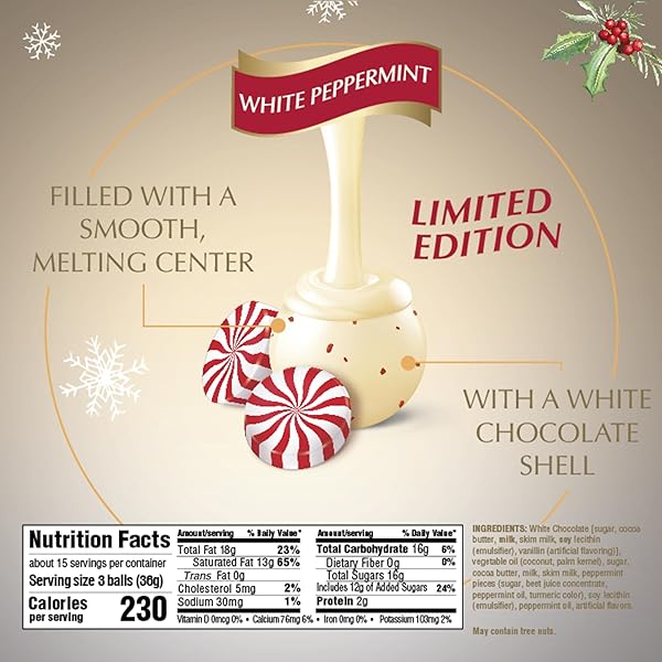 LINDT LINDOR WHITE CHOCOLATE PEPPERMINT CANDY TRUFFLES WITH SMOOTH PEPPERMINT TRUFFLE CENTER, 19 OZ. BAG