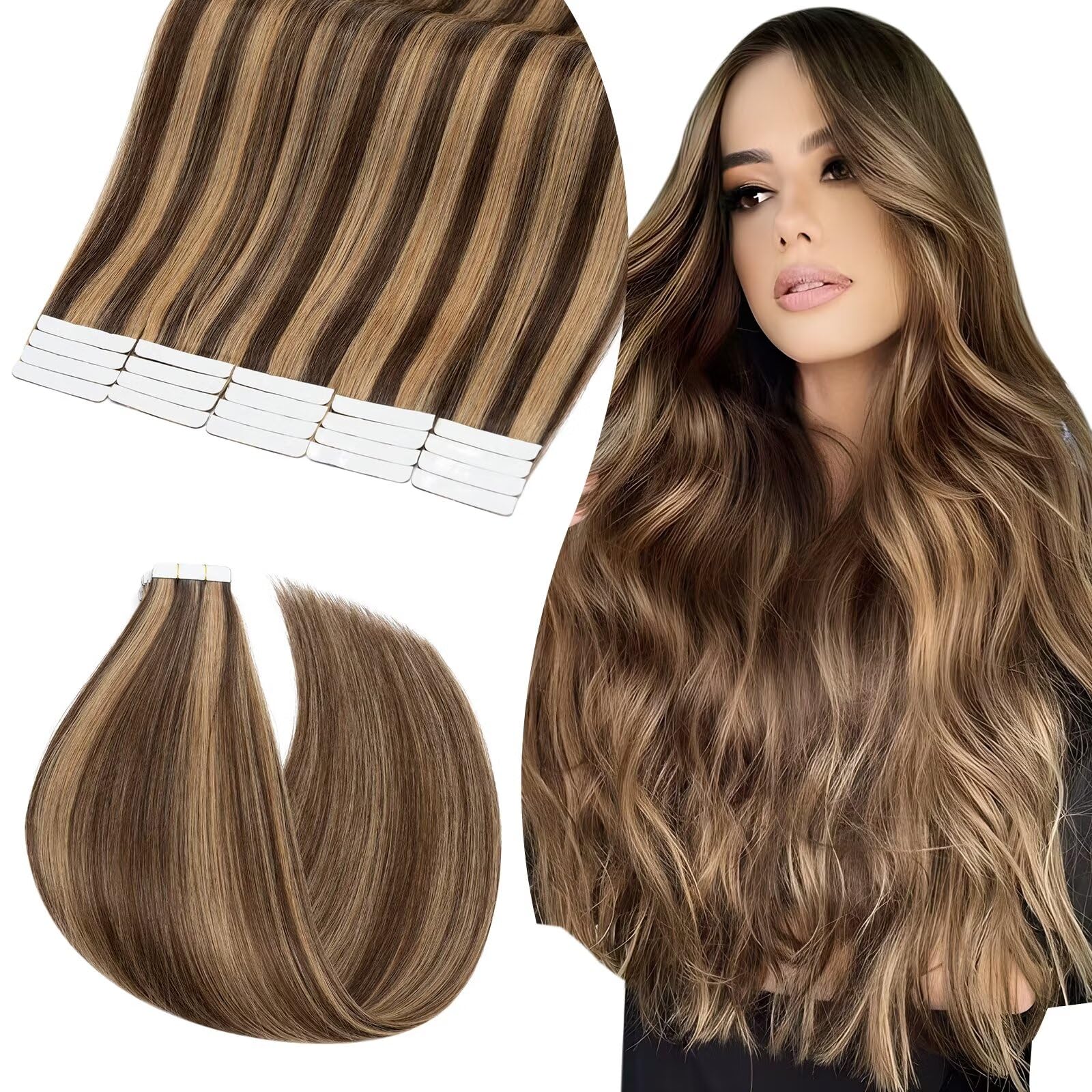 UK-Fashion-Shop Tape in Hair Extensions Human Hair Remy Real Hair 12 Inch (20 pcs) #4P27 Medium Brown mix Dark Blonde40g Skin Weft Straight Natural Invisible — image 1