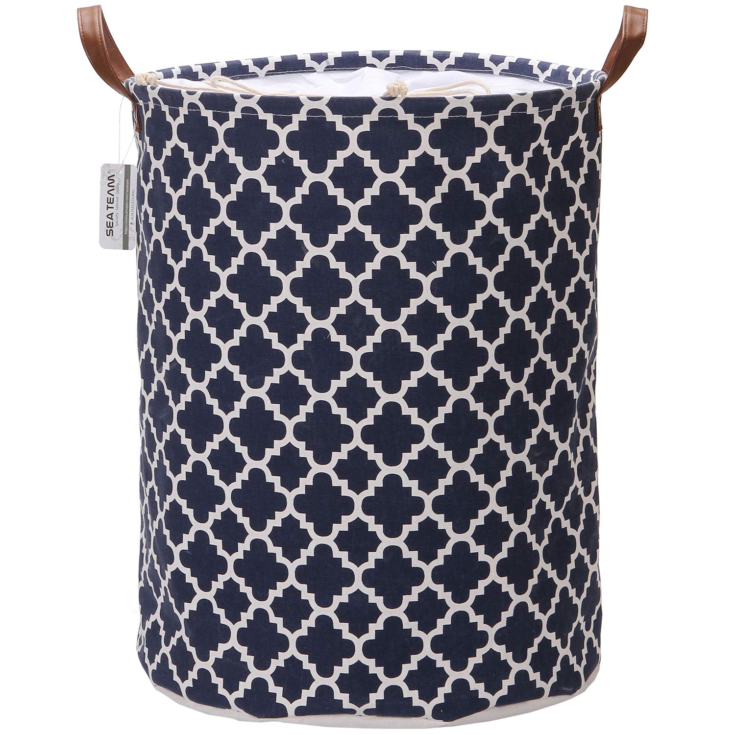 Sea Team Moroccan Lattice Pattern Laundry Hamper Canvas Fabric Laundry Basket Collapsible Storage Bin with PU Leather Handles and Drawstring Closure, 19.7 by 15.7 inches, Waterproof Inner, Dark Blue