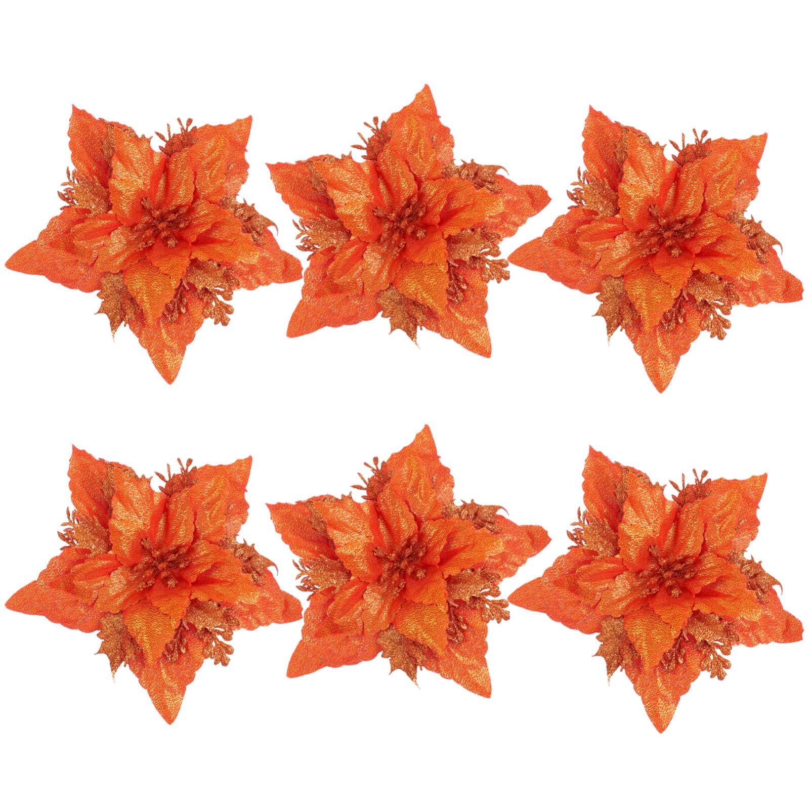 TOYANDONA 6 Pieces Glitter Poinsettia Flowers Christmas Tree Ornament Artificial Xmas Flowers Fake Flower DIY Wreath Festival Wedding New Year Christmas Decor (Orange)
