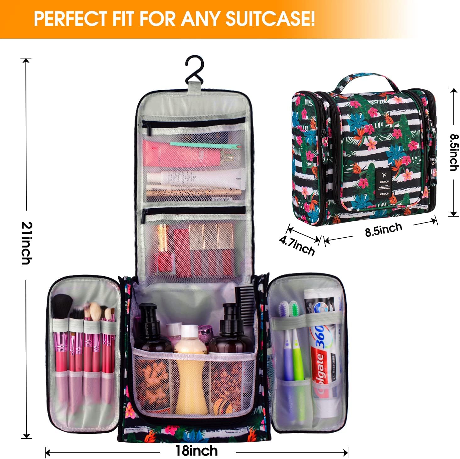 BOOEEN Hanging Travel Toiletry Bag for Women and Girls, Portable Waterproof Cosmetic Travel Bag, 17 Compartments Non-slip zipper, Sturdy Hook, Perfect for Daily use and Travel