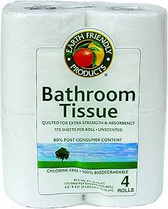 Amazon.com: Earth Friendly Products Bathroom Tissue, Unscented, 2-ply, 175 Sheets per Roll, 4 ...