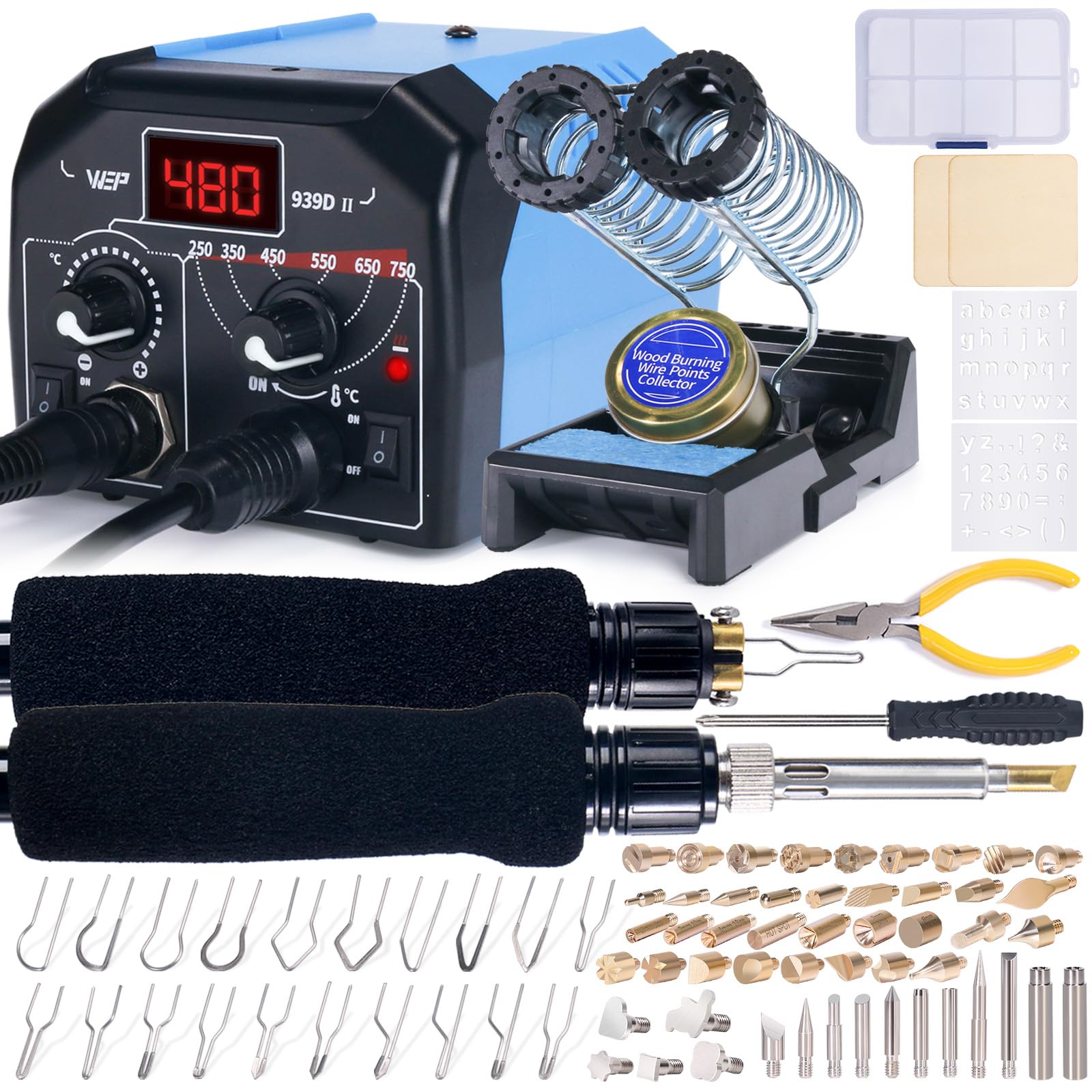 WEP 939D-II 2-IN-1 Wood Burning Kit 86-IN-1 with 51 Solid Points and 20 Wire Nibs Wood Burner with 2 Letter Number Stencils, 2 Unfinished Wood, 1 Pen Holder, Burning Tool