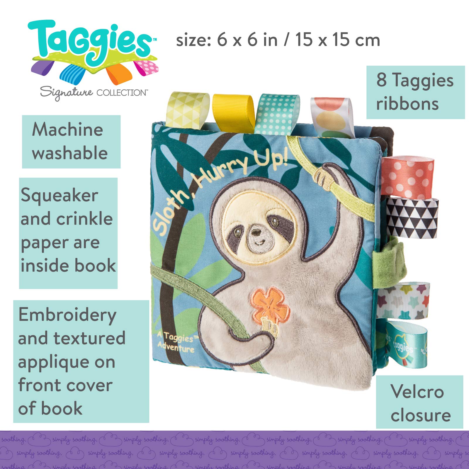 Taggies Touch & Feel Soft Cloth Book with Crinkle Paper & Squeaker, Molasses Sloth