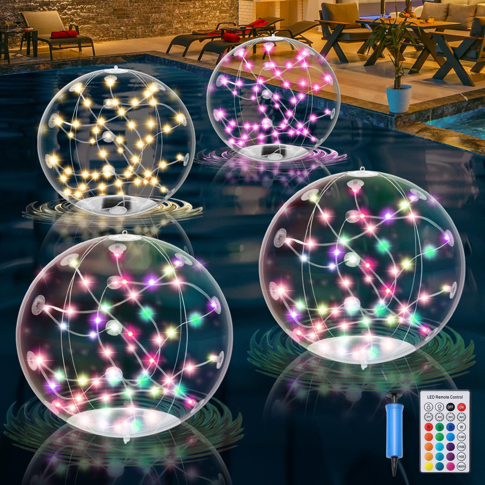 Photo 1 of LuckSky 4 Pack Inflatable Solar Floating Pool Lights, RGBW 14.5" Waterproof LED Balls with Remote, 16 Colors, 4 Modes, Timer, Dimmable, Auto On/Off – Best Pool Gift & Outdoor Decoration for Summer