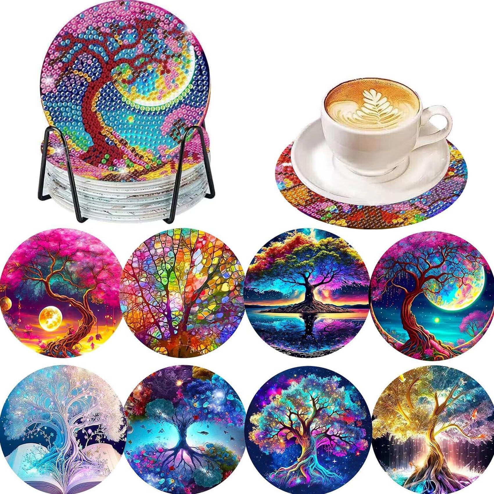 8 Pcs Tree of Life Diamond Art Coasters Kits with Holder - 5D Diy Diamond Painting Coasters Mosaic Kits for Adults - Round Full Drill Crafts for Adults and Beginner