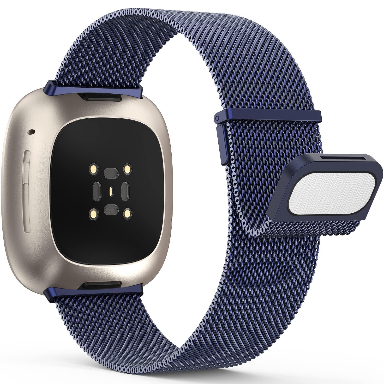 Yoohoo Straps Compatible with Fitbit Versa 3/Fitbit Versa 4/Fitbit Sense 2,Adjustable Stainless Steel with Double Magnetic Clasp Replacement Straps for Women Men/Blue