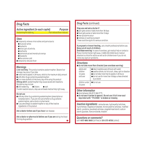 TYLENOL 8 HOUR ACETAMINOPHEN 650 MG EXTENDED RELEASE CAPLETS, FAST ACTING BI-LAYER DESIGN, QUICK & LONG LASTING PAIN RELIEF FOR MUSCLE, JOINT, BACK & ARTHRITIS ACHES, FEVER REDUCER, 100 COUNT
