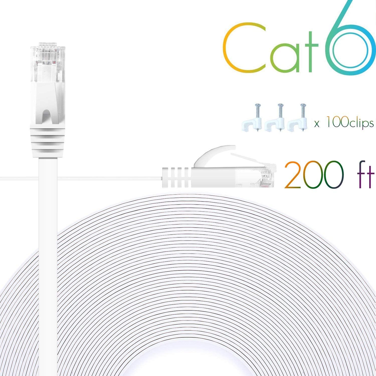 Amazon Com Flat Cat6 Ethernet Cable 200 Ft With Cable Clips Comtelek Cat 6 Ethernet Rj45 Patch Cable Slim Network Cable Thin Internet Computer Cable 200 Feet White 60 Meters Computers Accessories