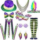 16PCS Mardi Gras Costume Set - Purple Gold Green Sequined Fedora Hat Suspenders Bowtie Eye Mask Earrings Bead Necklaces Sunglasses Striped Sock Tights for Adults Mardi Gras Carnival Dress up
