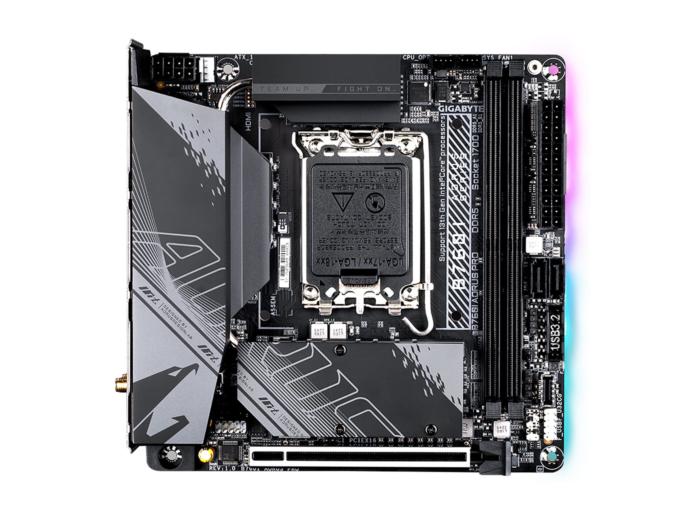 GIGABYTE B760I AORUS PRO (LGA 1700/ Intel/ B760/ Mini-ITX/ DDR5/ Dual M.2/ PCIe 4.0/ USB 3.2 Gen2X2 Type-C/WiFi 6E/ Intel 2.5GbE LAN/Q-Flash Plus/Motherboard)