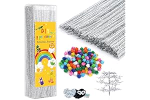 IUUIDU 300PCS Pipe Cleaners Chenille Stem, Glitter Silvery Pipe Cleaners Craft Supplies, Fuzzy Sticks Pipe Cleaner Brush with 100PCS Glitter Pom Poms for DIY Art Creative Craft Decorations