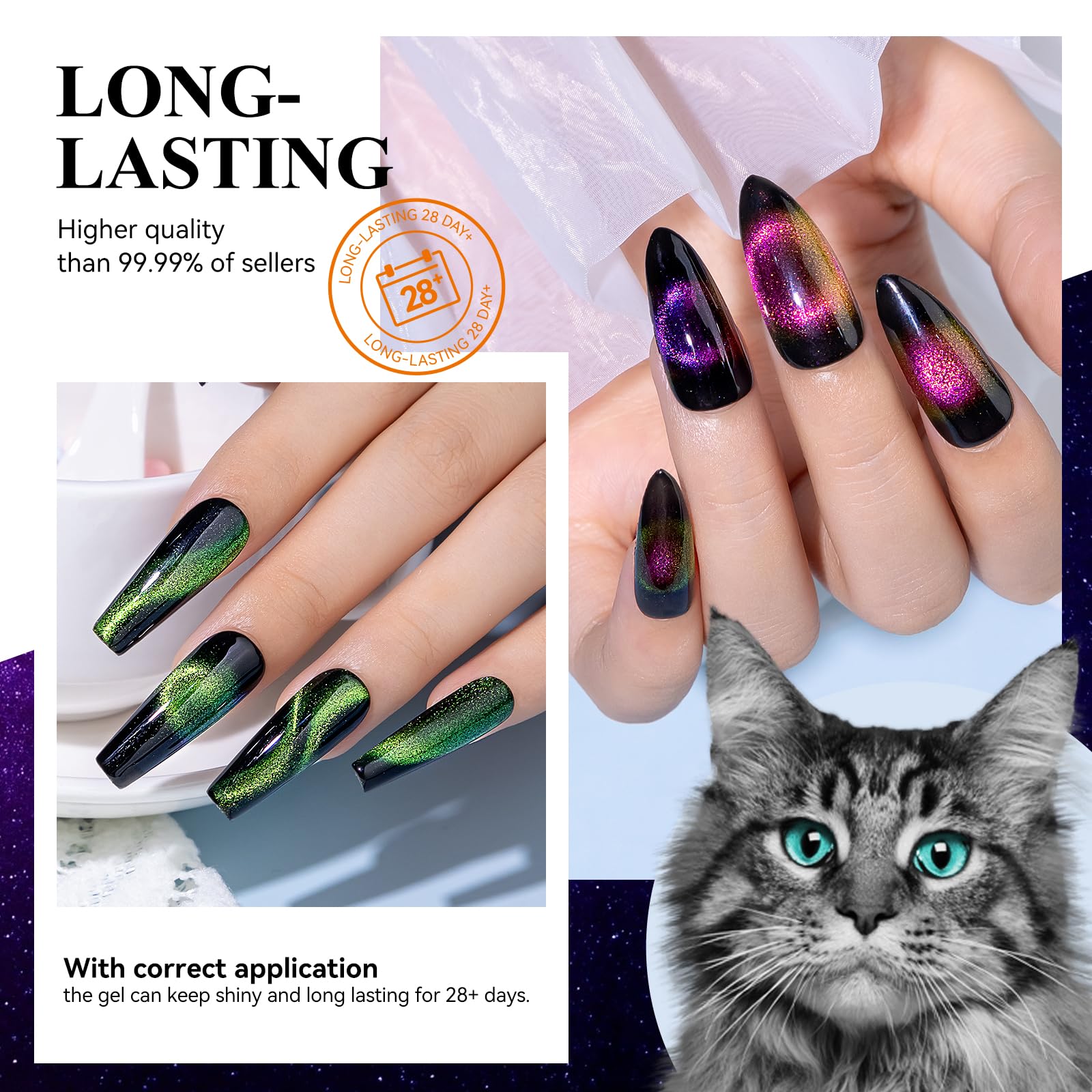 MIZHSE 9D Cat Eye Gel Nail Polish, Magnetic Cat Eye Gel Polish Set, 10ml*6 with 2 Magnets, Classic Colors Chameleon Magic Galaxy Effect Soak off Nail Art, Sparkle Stunning Gel Polish Gift for Women - Image 5