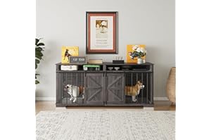 Aoowow Large Double Dog Crate Furniture, 72.4" Indoor Dog Kennel with Sliding Barn Door and Divider,Heavy Duty Dog Crate Wooden TV Stand Dog Cage with 2 Open Shelves for Small Medium Large Dogs,Gray
