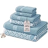 Modern Threads Trefoil Filigree 6-Piece 100% Cotton Towel Set – Reversible Yarn Dyed Jacquard – Includes 2 Bath Towels, 2 Hand Towels, 2 Washcloths – Absorbent, Quick Dry, Soft & Durable – Sky Blue