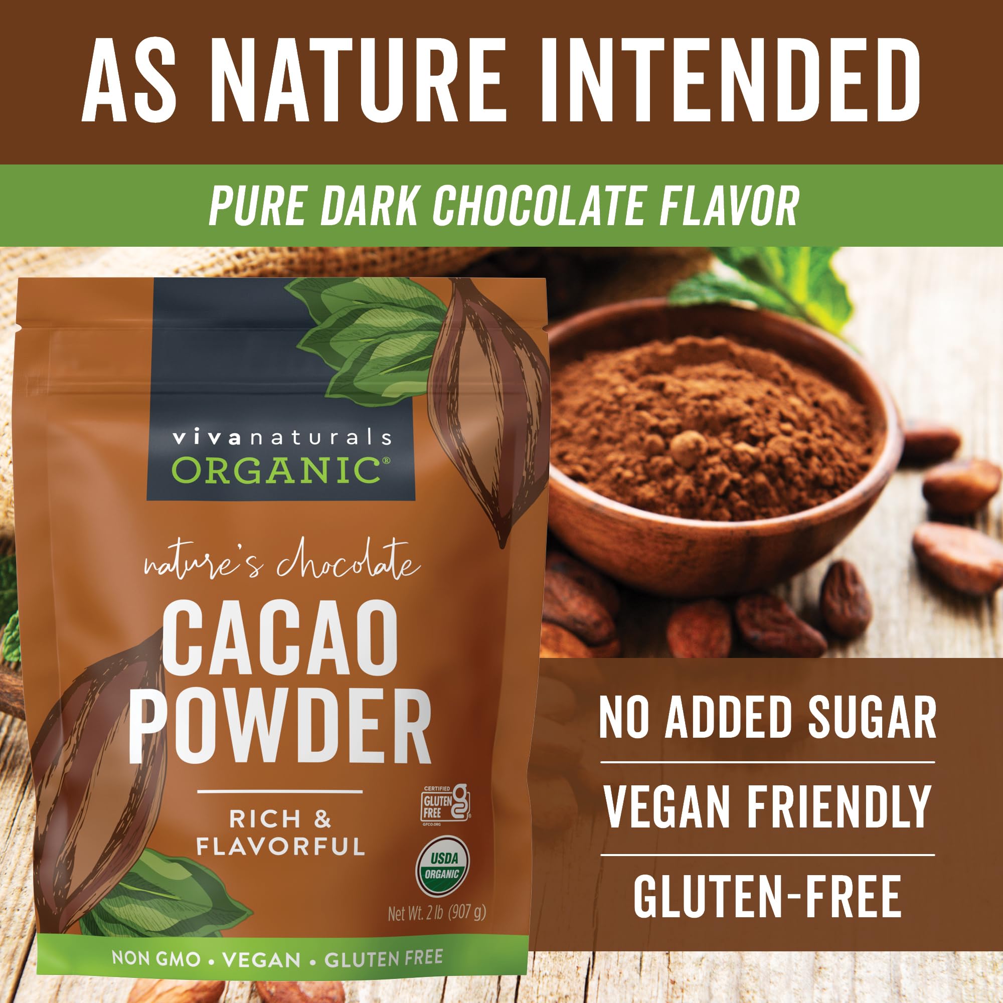 Viva Naturals Organic Cacao Powder, 2lb - Unsweetened Cocoa Powder With Rich Dark Chocolate Flavor, Perfect for Baking & Smoothies - Certified Vegan, Keto & Paleo, Non-GMO & Gluten-Free, 907 g