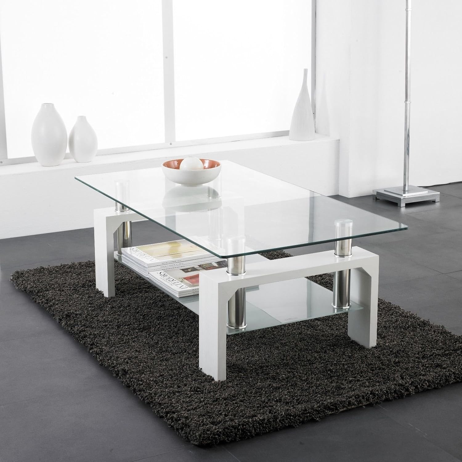 Neotechs Modern White Rectangle Clear Glass Chrome Living Room Coffee Table With Lower Shelf