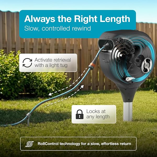 GARDENA AUTOMATIC RETRACTABLE GARDEN HOSE REEL – 66 FEET – 360 DEGREE SWIVEL OUTDOOR HOSE REEL WITH METAL SPIKE BASE – AUTO RETRACT – UV RESISTANT HOUSING – EASY INSTALL NO TOOLS REQUIRED – 18614