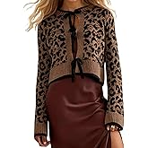 Ythomm Women Leopard Print Bow Tie Cardigan Sweaters Long Sleeve Crewneck Open Front Knit Cardigan Coats Casual Loose Outwear