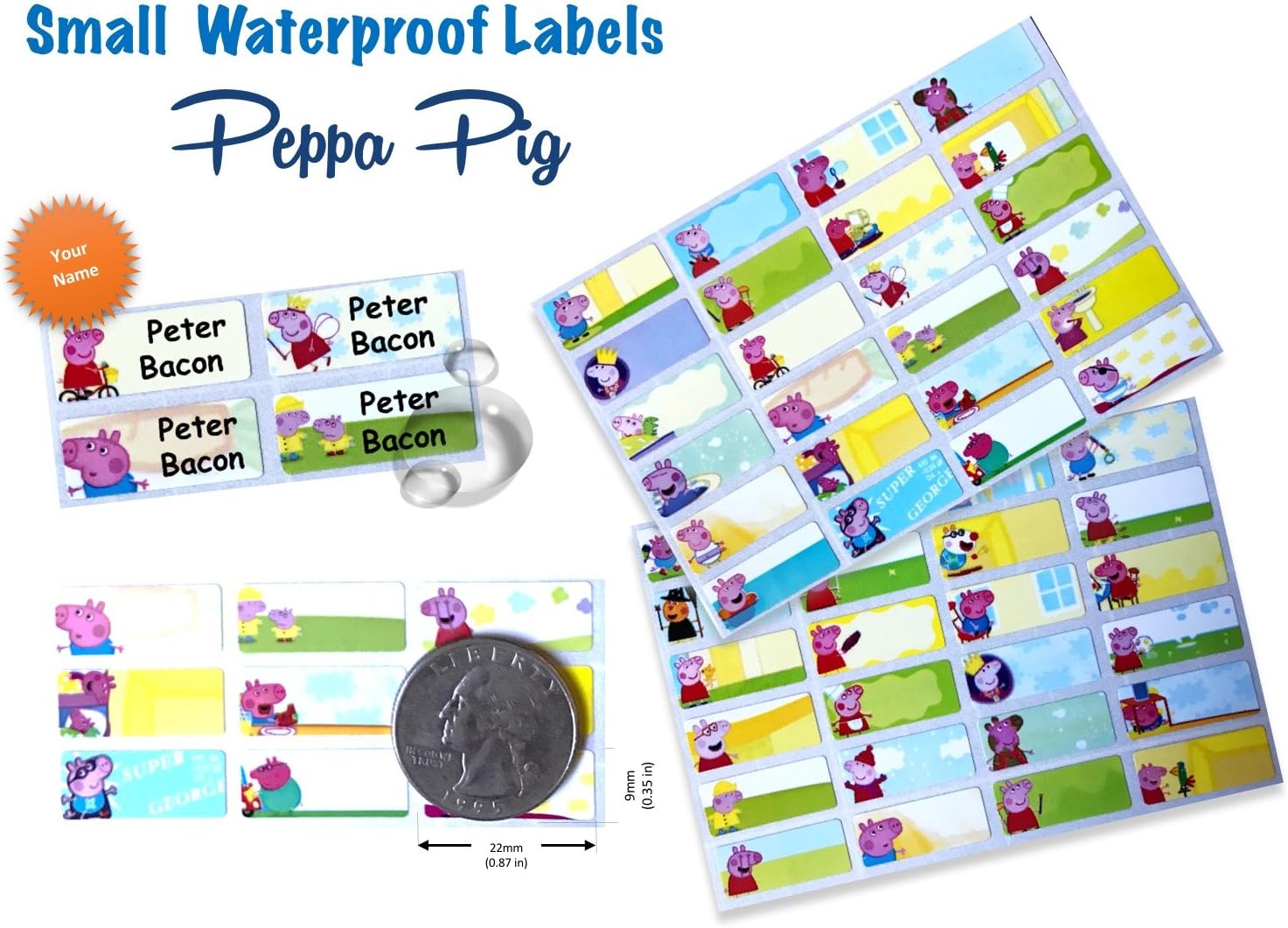 Waterproof Name Labels, Personalized with Your Name (132 Small 22mm x 9mm, Piggy)