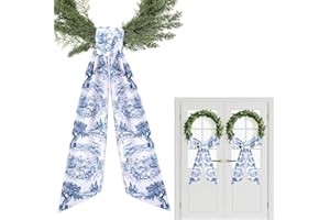 PARTYFORU Blue French Toile Sash for Wreaths - 2 Pcs Rustic Wreath Sashes for Front Door Kitchen Cabinet, Wreath Sash for Monogram Embroidery Farmhouse Home Decor