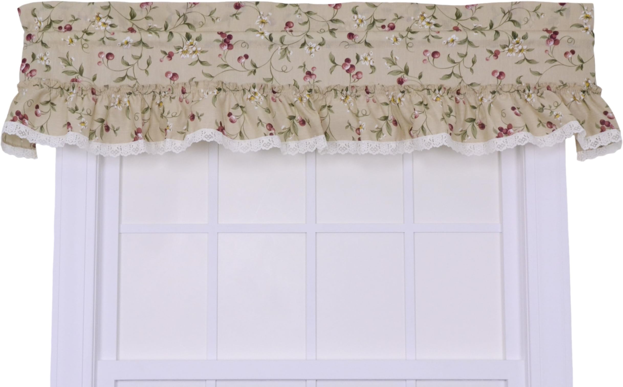 Ellis Curtain Kitchen Collection Cherries Ruffled Valance, Natural