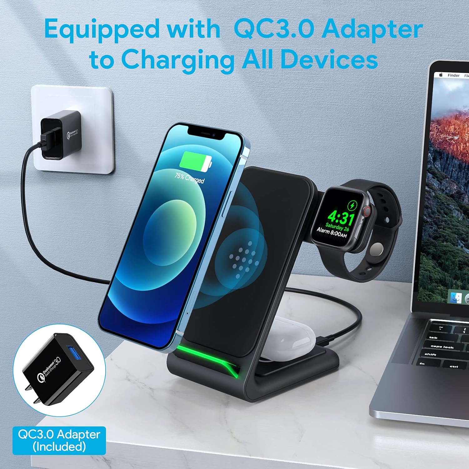 Wireless Charging Stand, 3 in 1 Wireless Charging Station Dock 15W Fast Wireless Charger for iWatch SE/6/5/4/3/2, Airpods 2/Pro, iPhone 12/12 Pro/ 11/11 Pro/XR/XS/X/8 /8P/Samsung(with QC 3.0 Adapter)