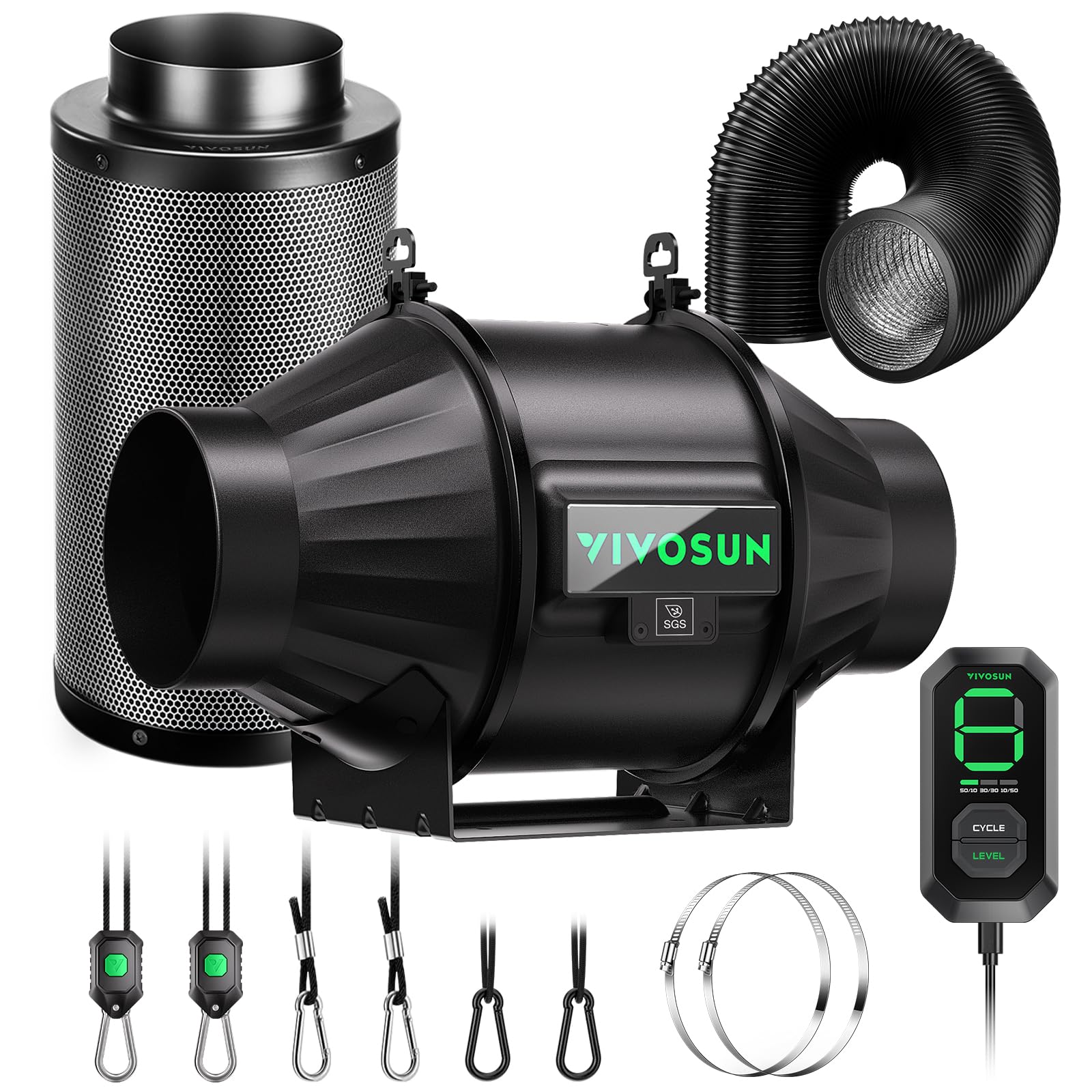 Photo 1 of VIVOSUN Smart Air Filtration T4 Kit 4", AeroZesh T4 Inline Duct Fan with E12 Speed Controller, Carbon Filter & 8' Ducting, Cooling & Ventilation System for Grow Tents, Indoor Gardening, Hydroponics