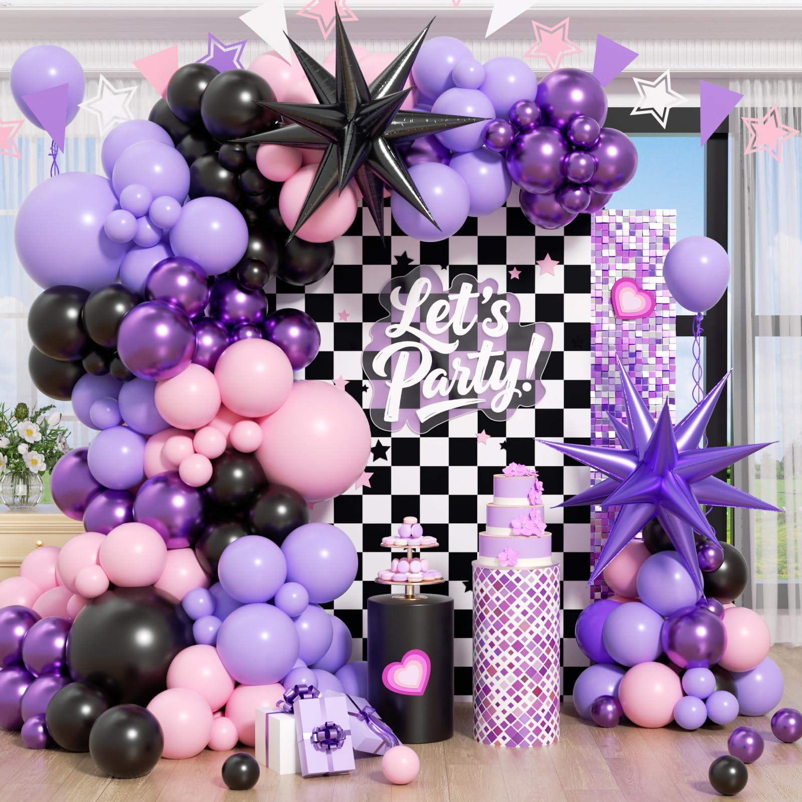Photo 1 of 130pcs Pink and Purple Balloon Arch Kit, Pink Metallic Pastel Purple Black Balloons for Baby Shower Birthday Party Decorations
