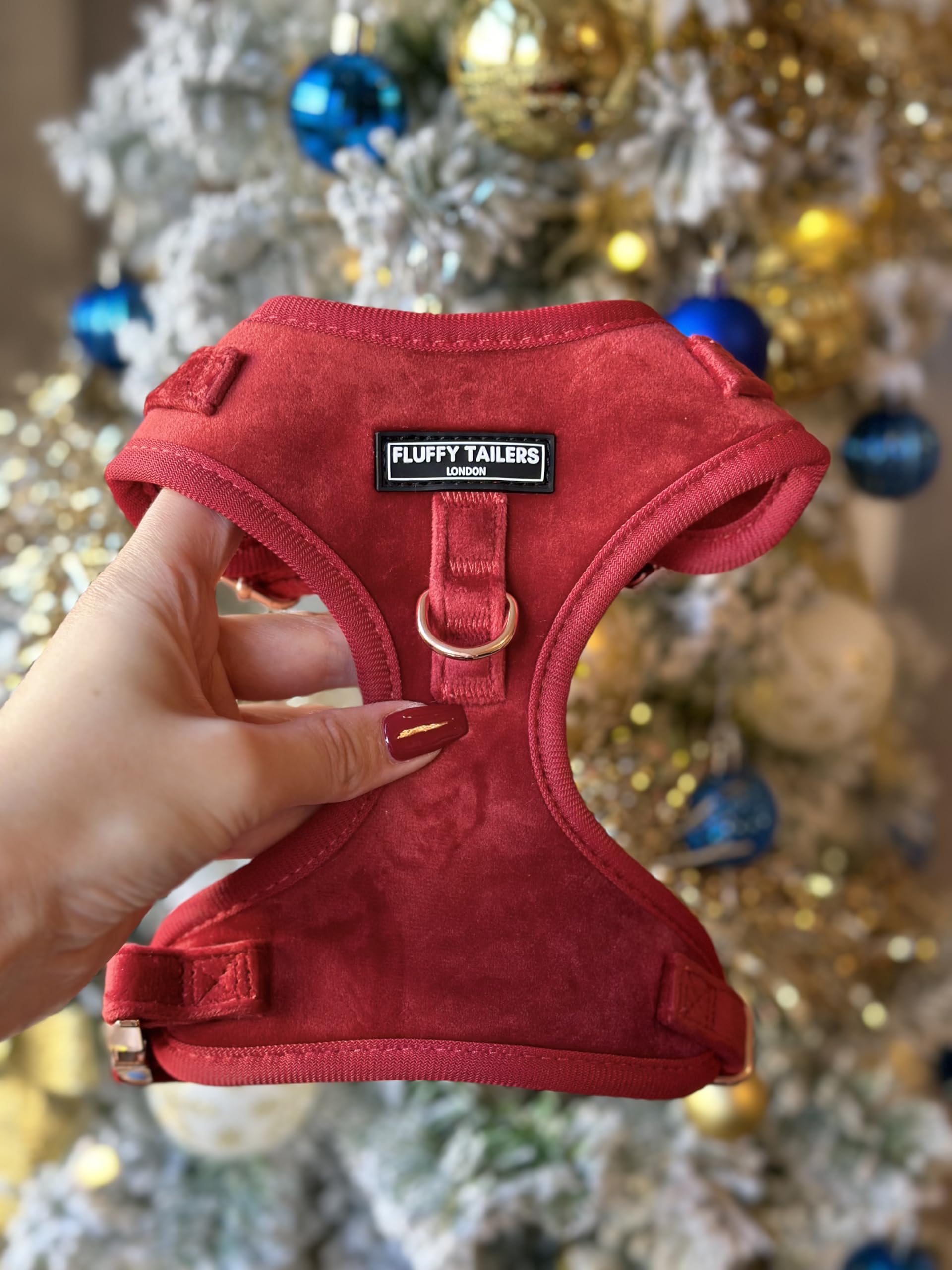 Fluffy Tailers Luxury Red Velvet Dog Harness Extra Small | No Pull, Fully Adjustable Puppy Harness with Breathable Padded Chest Strap for Small & Teacup Sized Dogs, Comfortable, Stylish & Safe