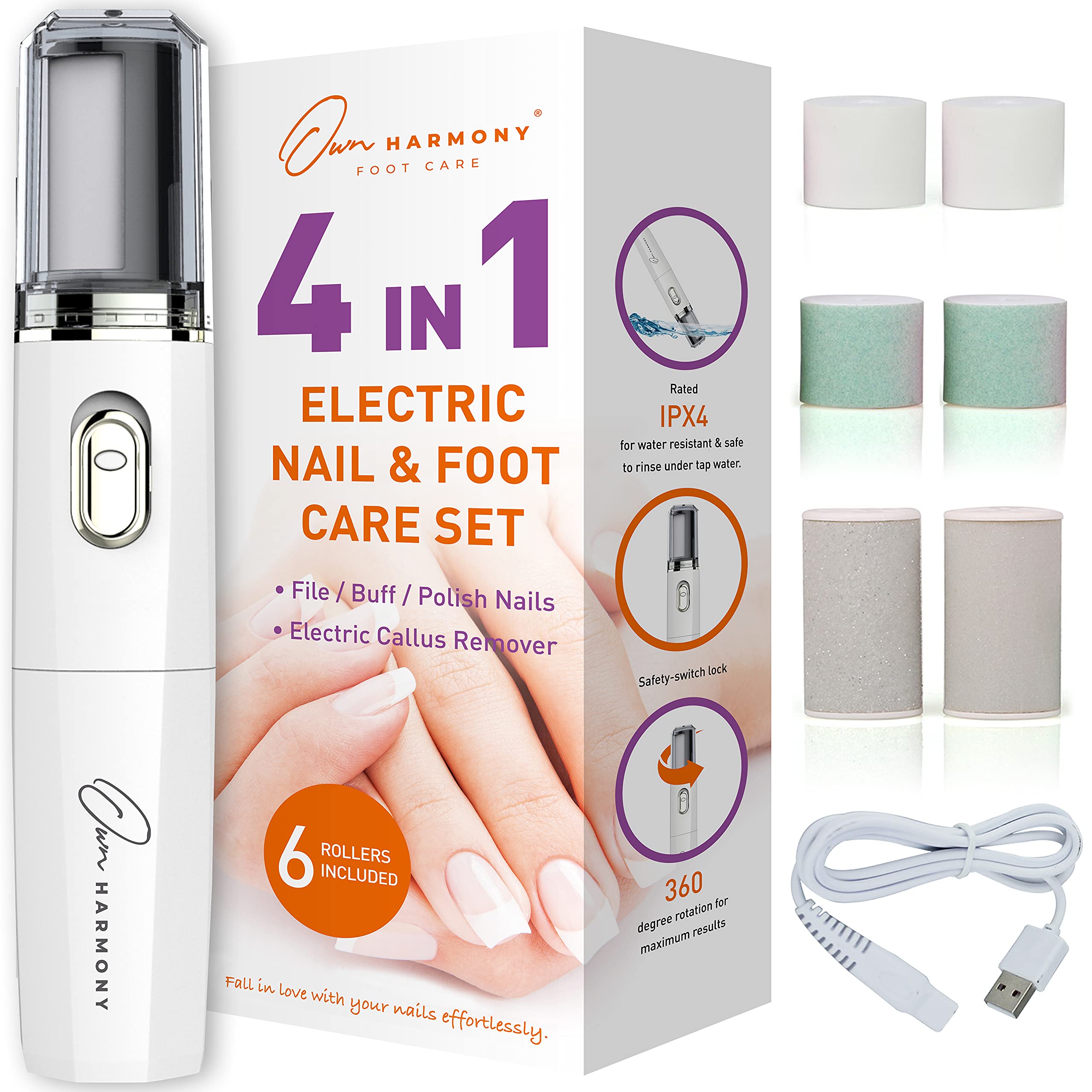 Own Harmony Electric Foot File Callus Remover & Electronic Nail File (4 in 1) Best Mani Pedi Tools - Professional Manicure & Pedicure Care Set - Perfect Toenail Polisher and Shine Buffer (USB Cord)