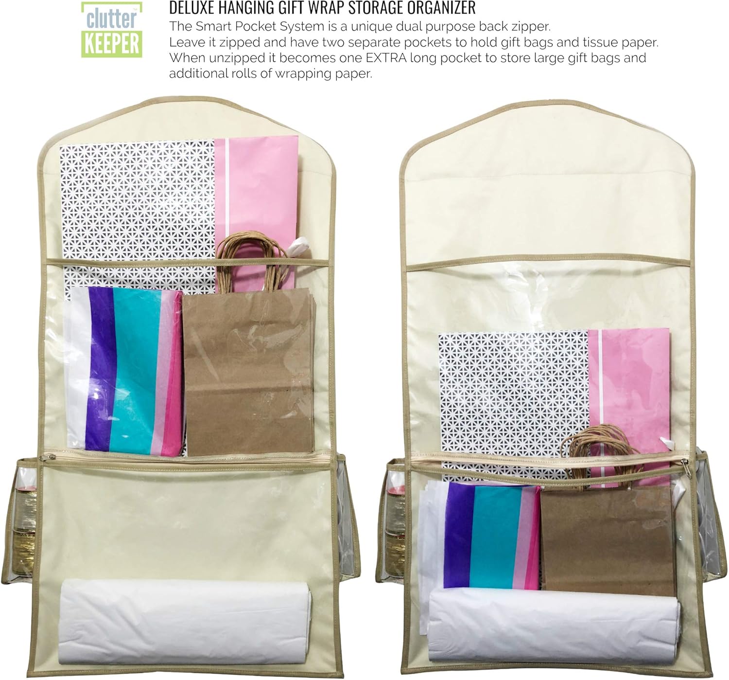 Clutter Keeper Deluxe Double Sided Hanging Gift Wrap Organizer with Multiple Pockets to Organize Your Christmas Wrap, Gift Bags, Bows, Tape, Scissors and More: Home & Kitchen