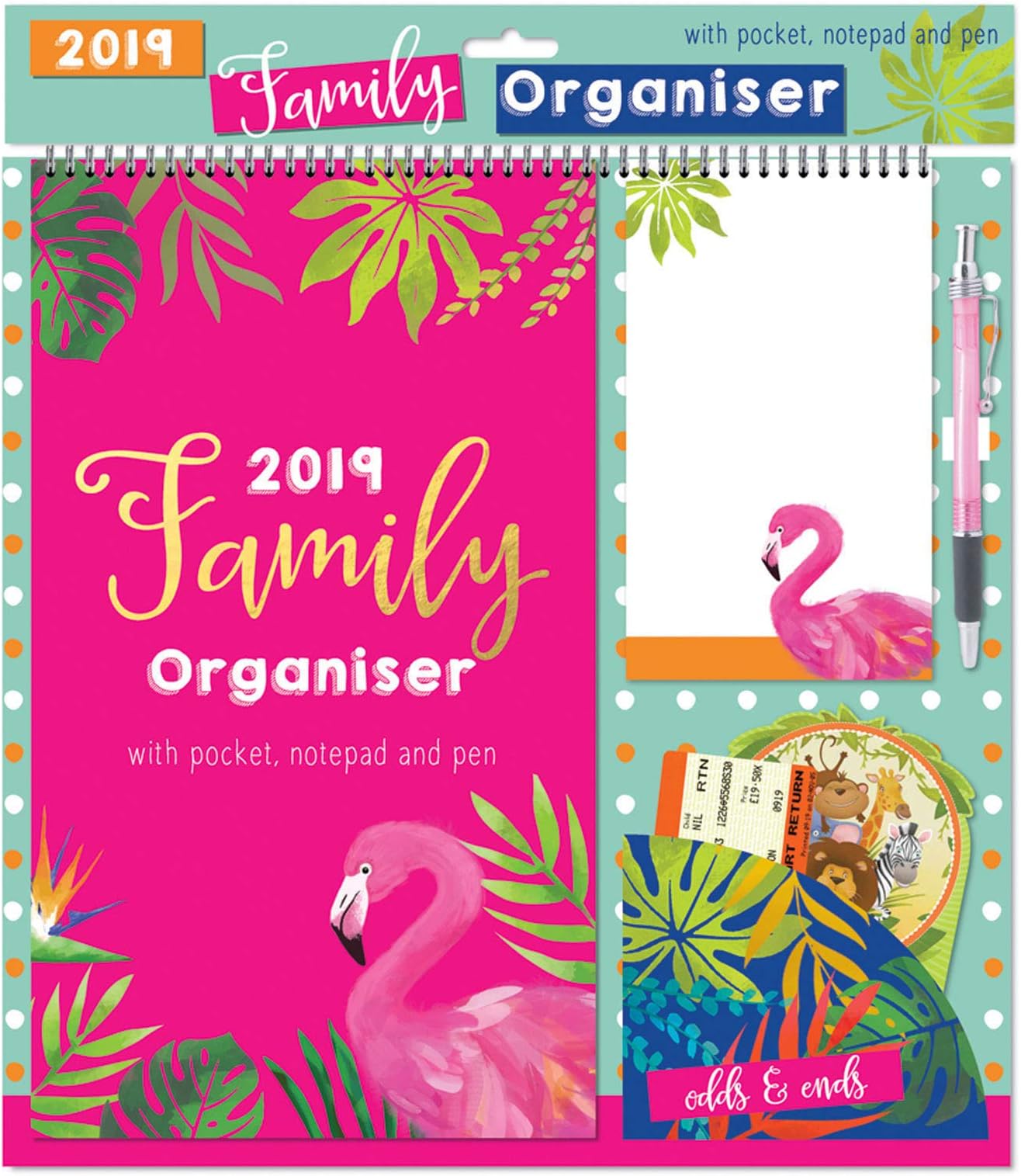 2019 Family Home Organiser Calendar Planner Month to View Note Book Pen & Pocket (Flamingo Design)