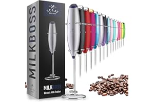 ZULAY KITCHEN Zulay Powerful Milk Frother Handheld Foam Maker for Lattes - Whisk Drink Mixer for Coffee, Mini Foamer for Cappuccino, Frappe, Matcha, Hot Chocolate by Milk Boss (Silver/Dark Blue)