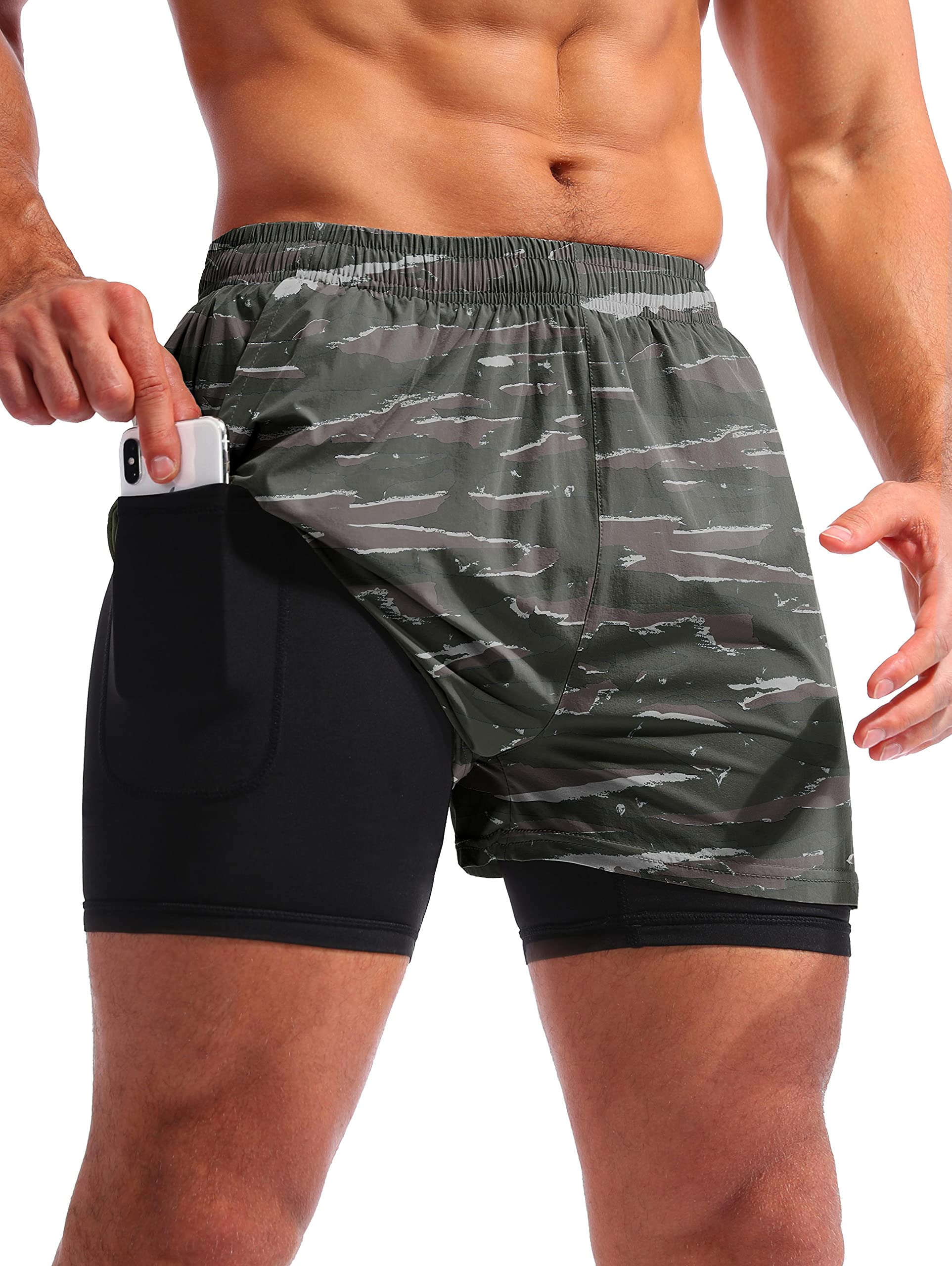 Photo 1 of **INSEAM RIPPED** Pudolla Men’s 2 in 1 Running Shorts 5" Quick Dry Gym Athletic Workout Shorts for Men with Phone Pockets(Tiger Large)