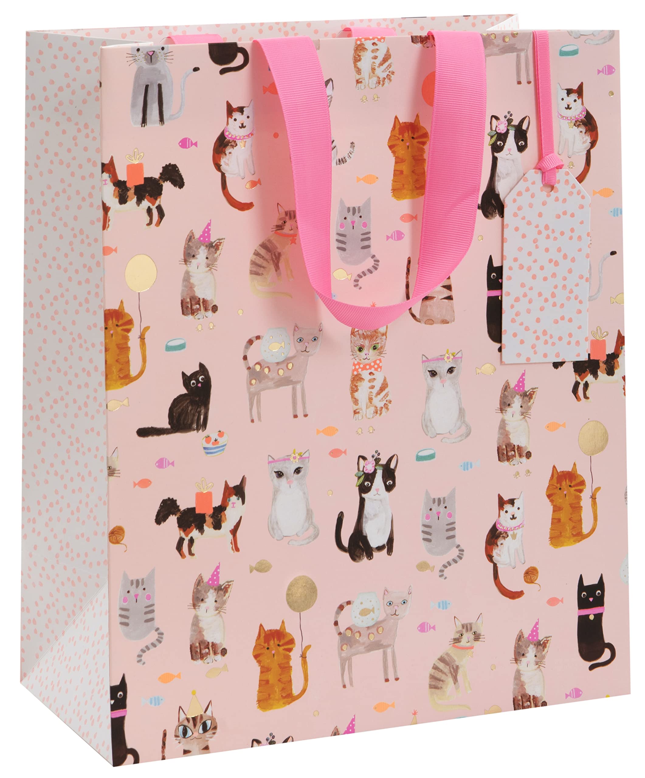 Glick Luxury Gift Bag for Cat Lovers - Paper Salad Cats Whiskers Design, Multi-Colour, Pink, 260w x 315h x 135d mm