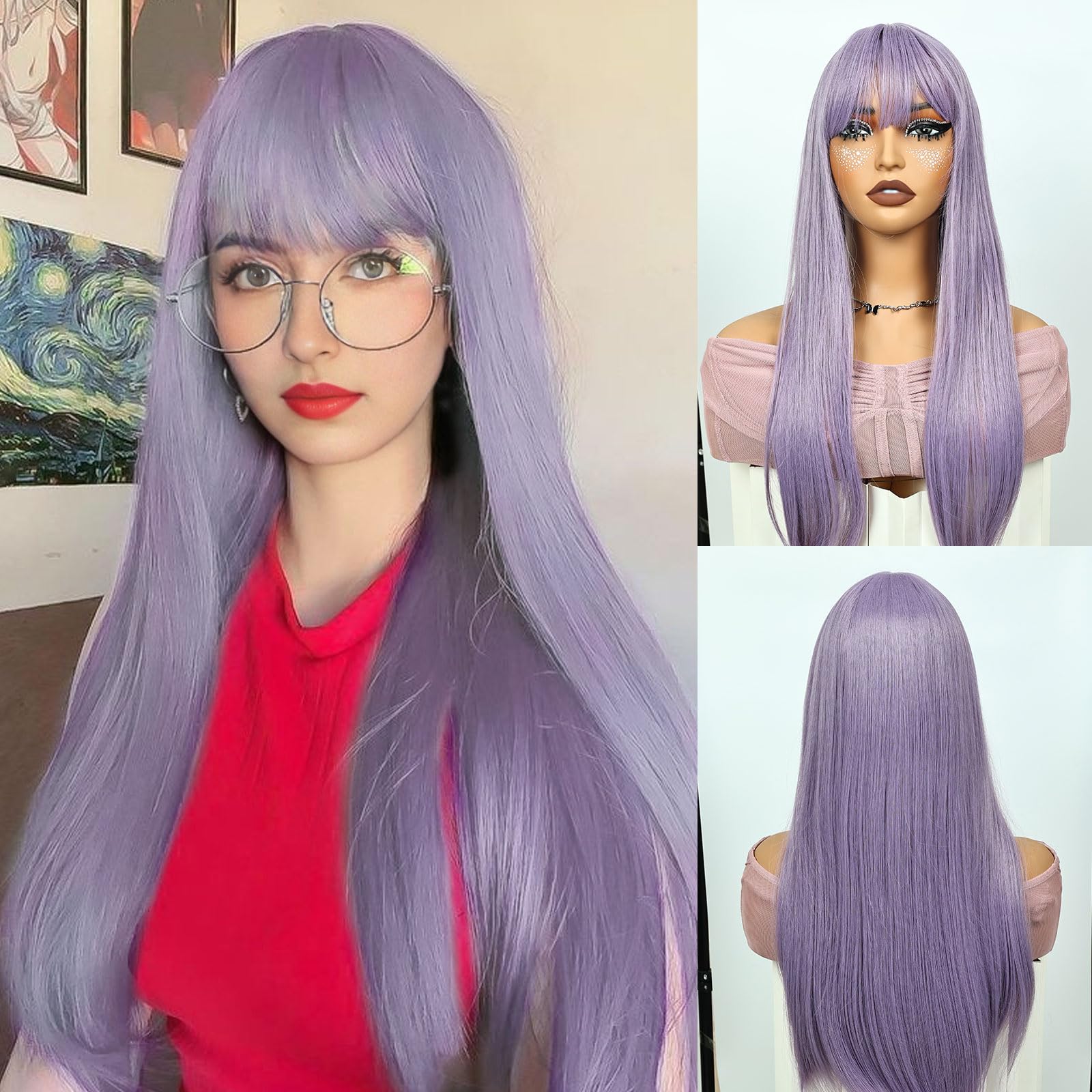 Becus Purple Wigs for Women 24 Inch Long Straight Hair Wig Synthetic Fiber Heat Resistant Straight Wig Suitable for Cosplay Party — image 1